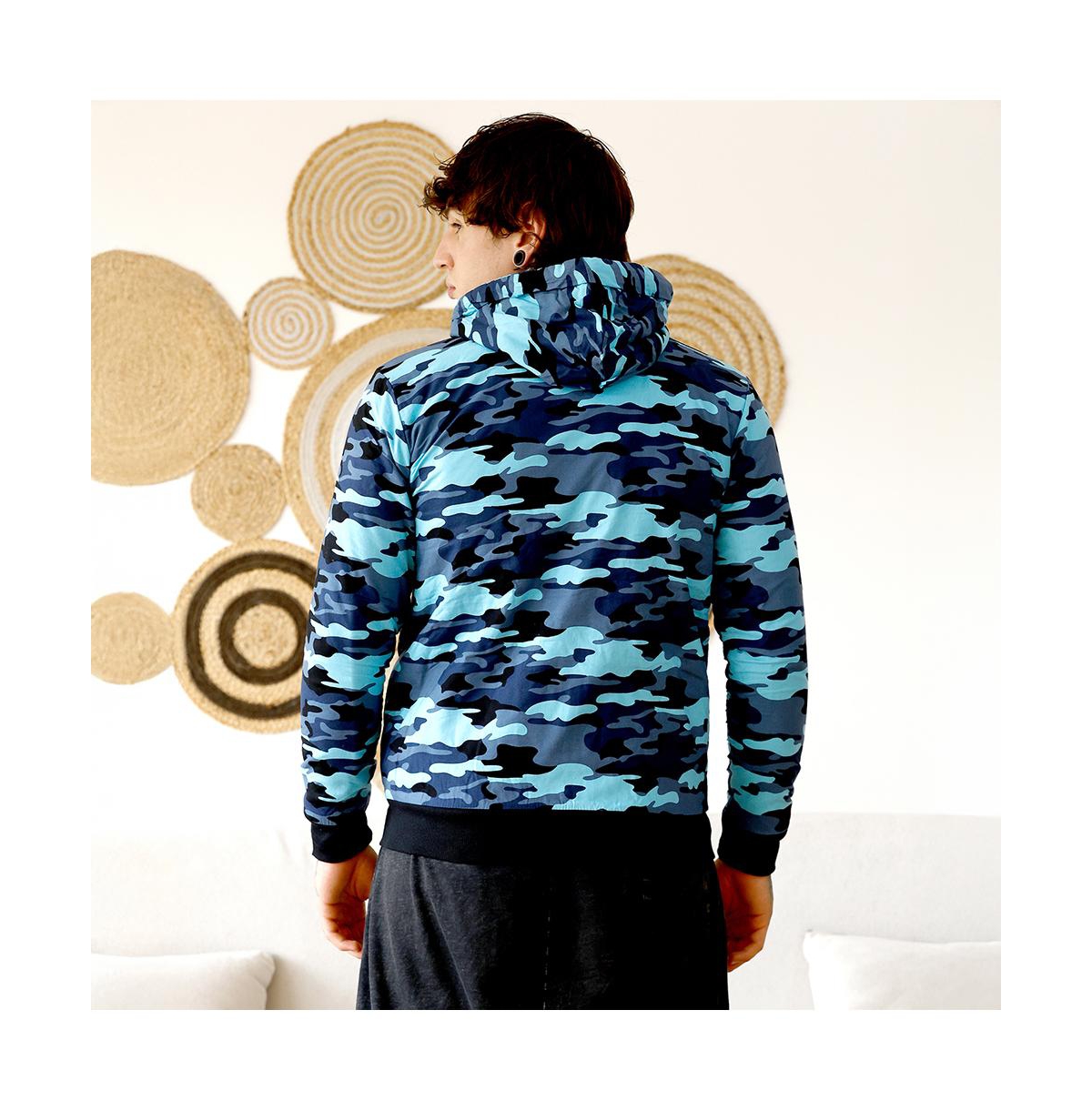 Campus Sutra Men's Navy Blue Camouflage Fleece-Lined Jacket