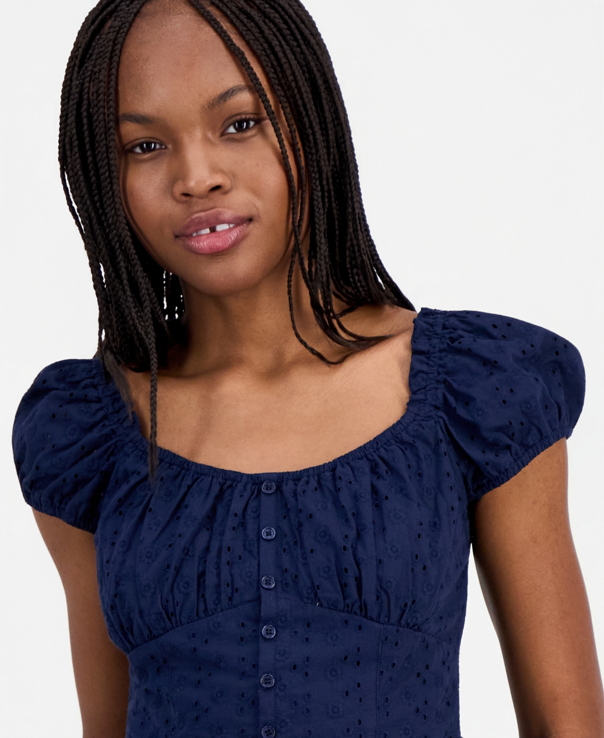 Just Polly Juniors' Eyelet Short-Sleeve Button-Front Top