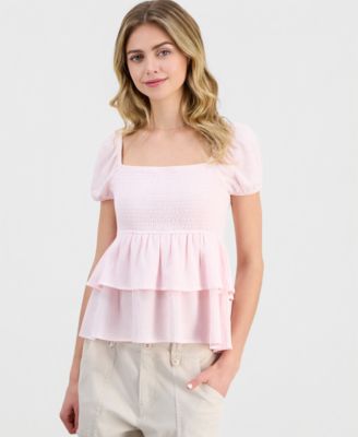 Juniors' Puff-Sleeve Tiered Babydoll Top