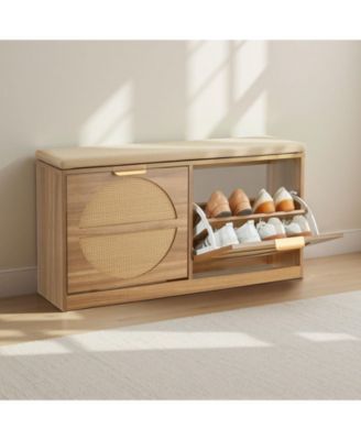 Entryway Shoe Bench with Flip Drawer and Rattan-Style Rack