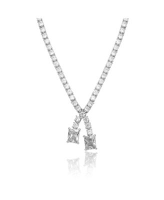 Sterling Silver White Gold Plated with Two-Stone Tennis Chain Collar Necklace