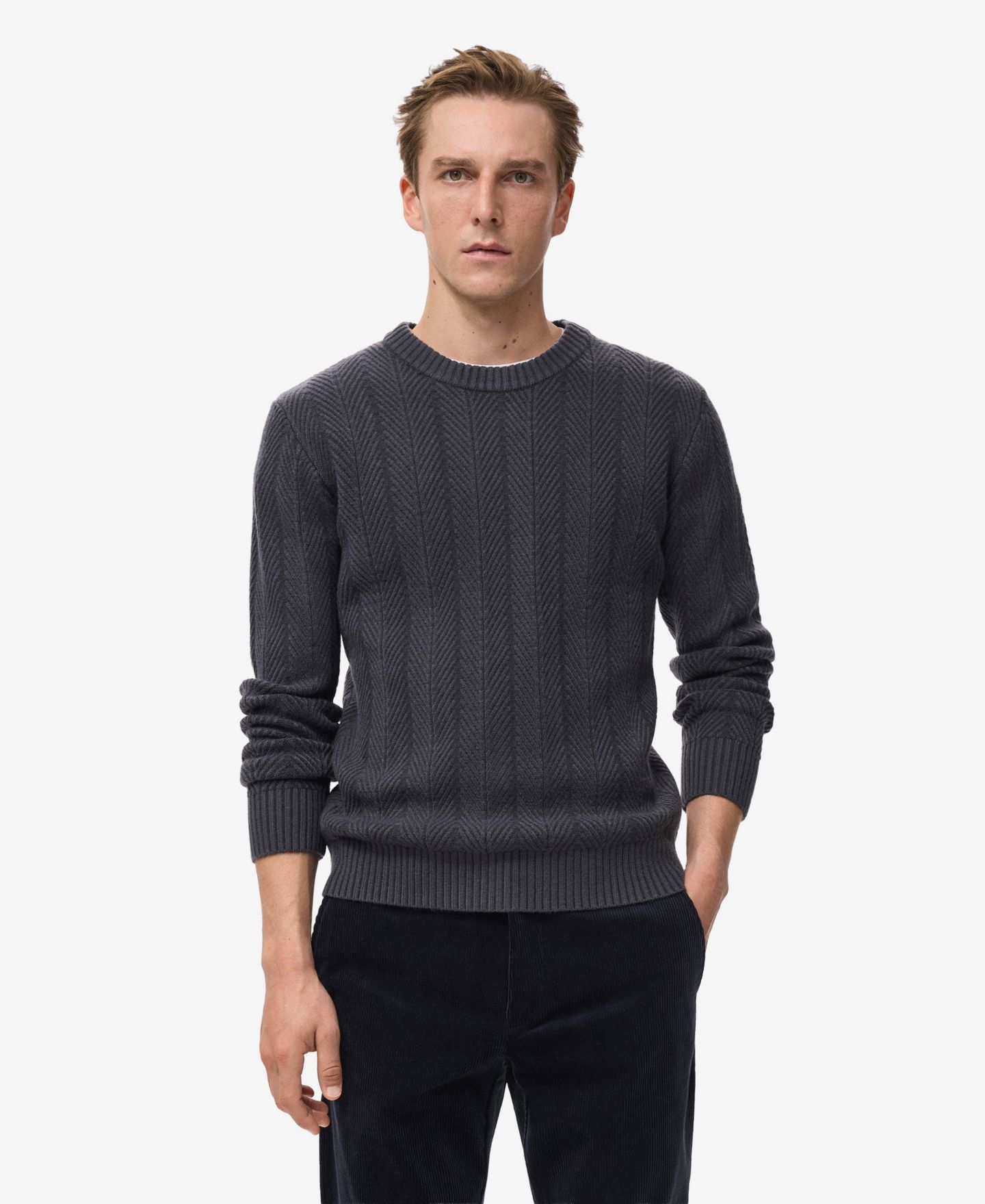 Мужской свитер MANGO Herringbone Structured, цвет: Индиго синий — фото 1