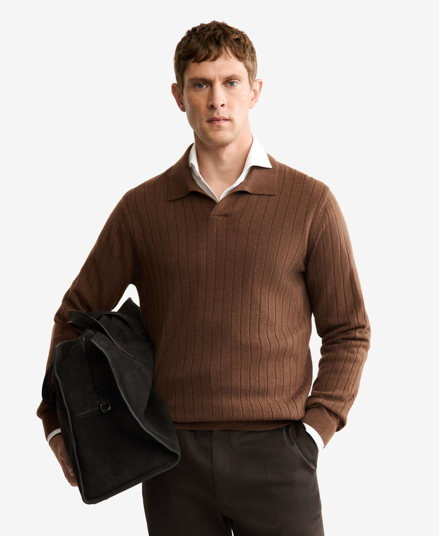 Мужской свитер MANGO Cashmere Polo Sweater, цвет: Коричневый — фото 1