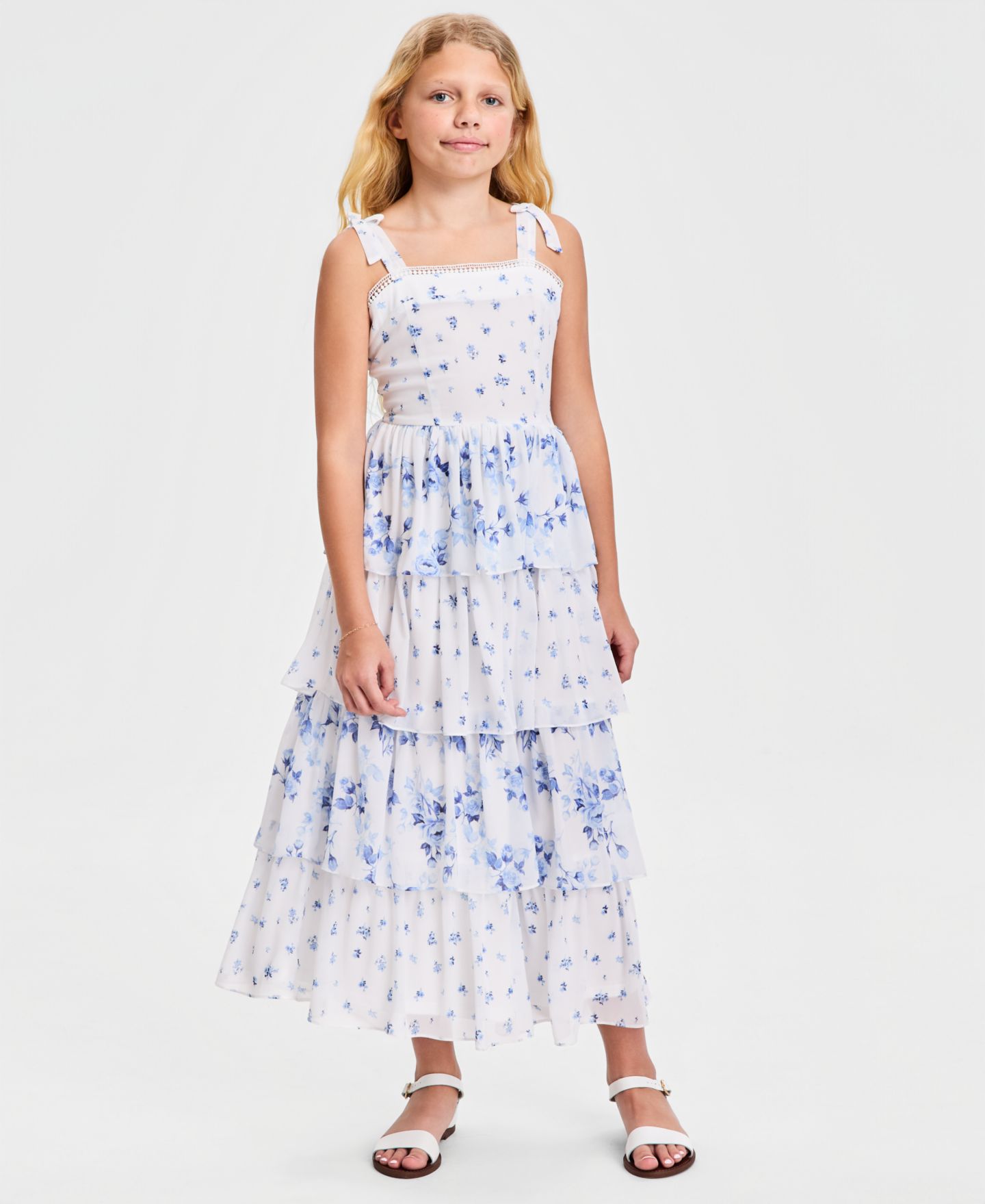 Платье Rare Editions Beaded Soutache Square Neck Dress для девочек, цвет: Синий / Белый — фото 1