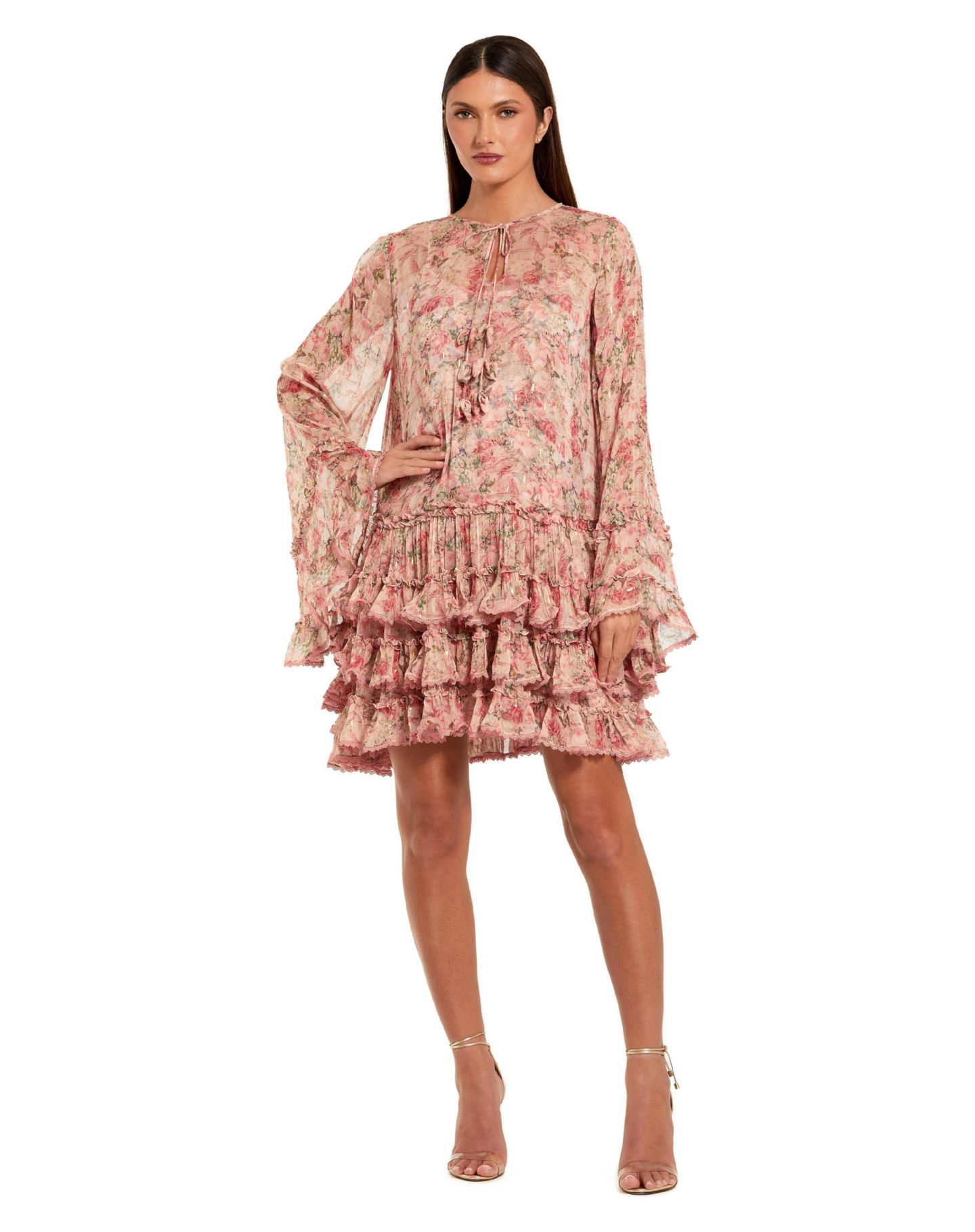 Женское платье Mac Duggal Floral Long Sleeve Ruffle Viscose Mini, цвет: Розовый разноцветный — фото 1