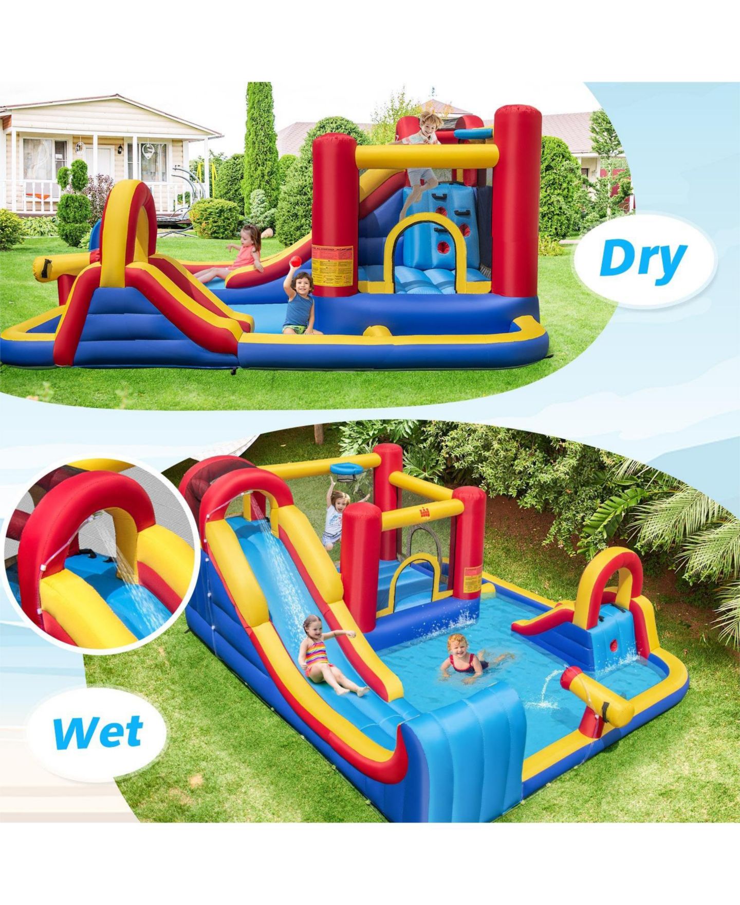 Детские игрушки INOLAIT 7 in 1 Outdoor Inflatable Bounce House with Water Slides, Splash Pools and 750W Blower for Kids — фото 9