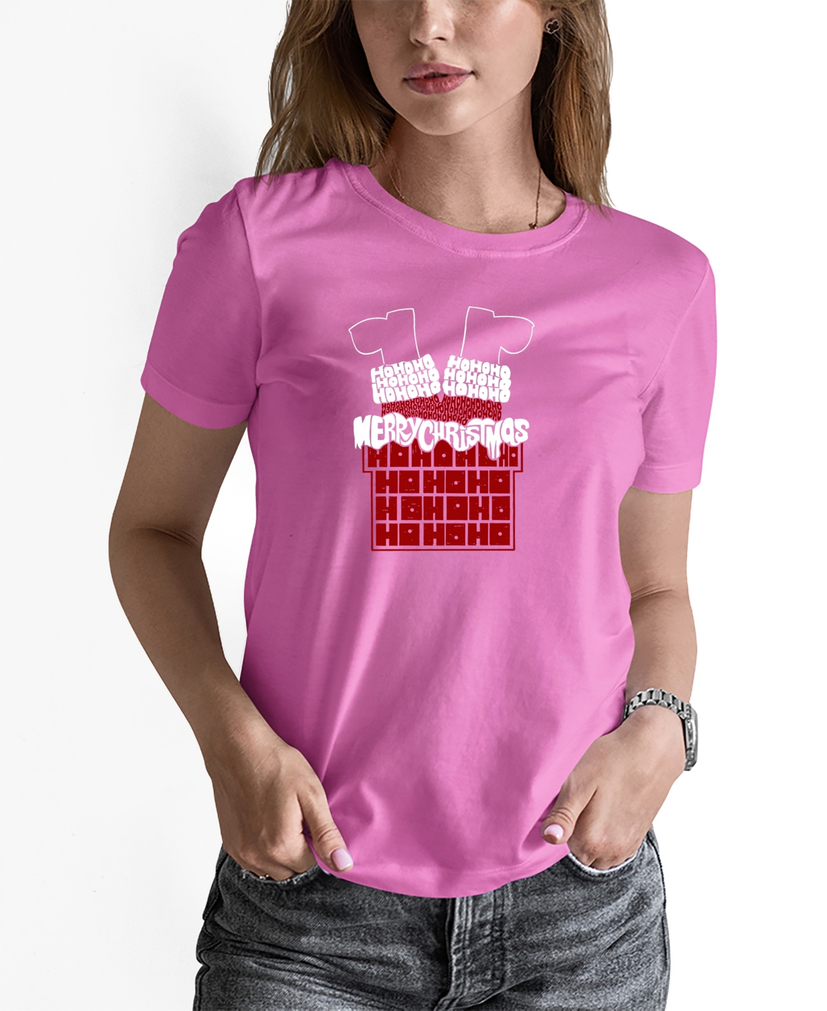 La Pop Art Women's Chimney Santa Word Art Long Sleeve T-shirt In Pink