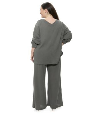 Plus Size V-Neck Long-Sleeve Soft Waffle Knit Top and Pant Set