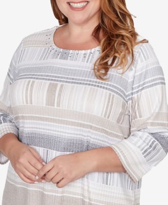 Plus Size Comfort & Joy Geometric Stripe Embellished Crew Neck Top