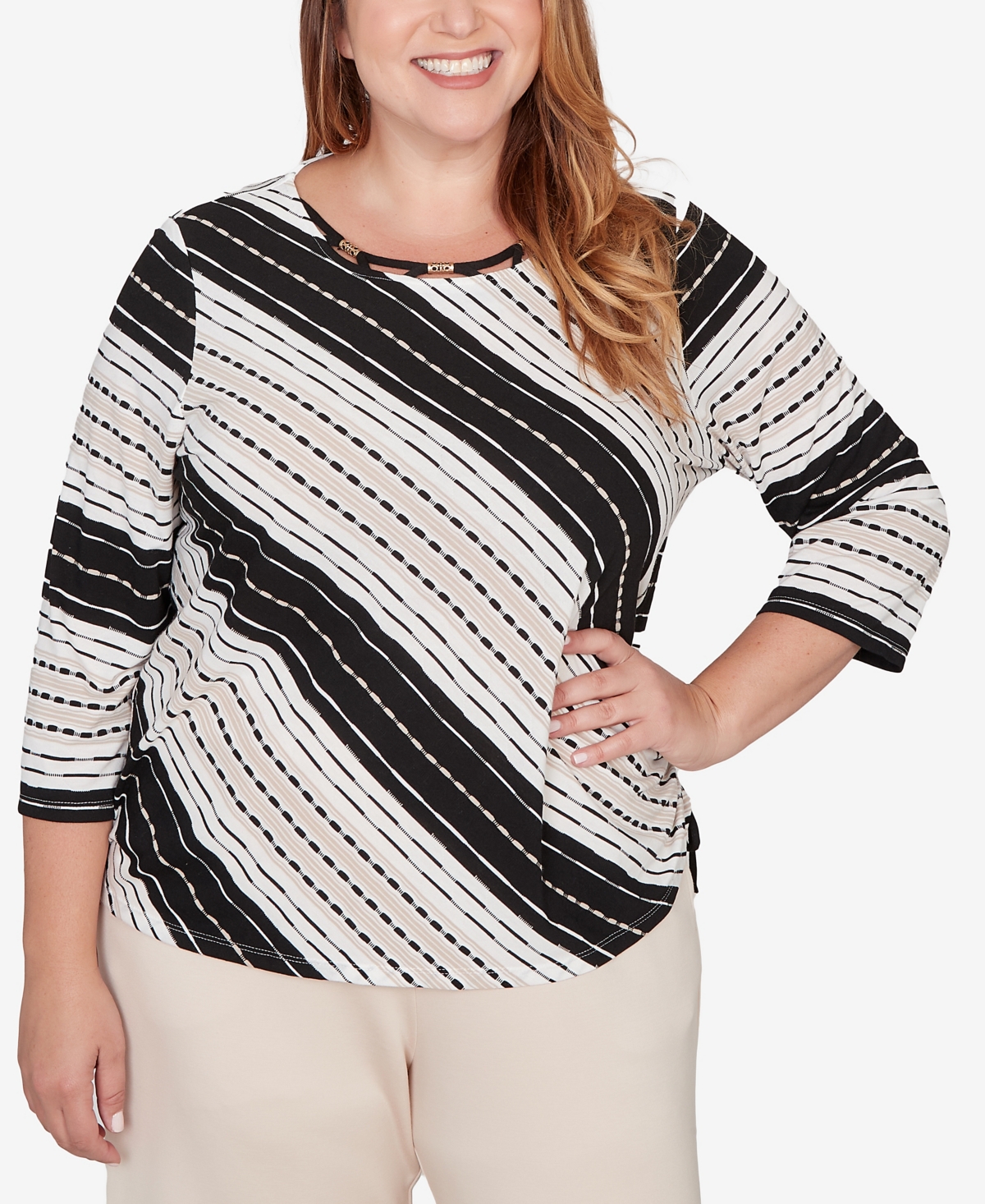 Alfred Dunner Plus Seville Embellished Diagonal Textured Stripe Top