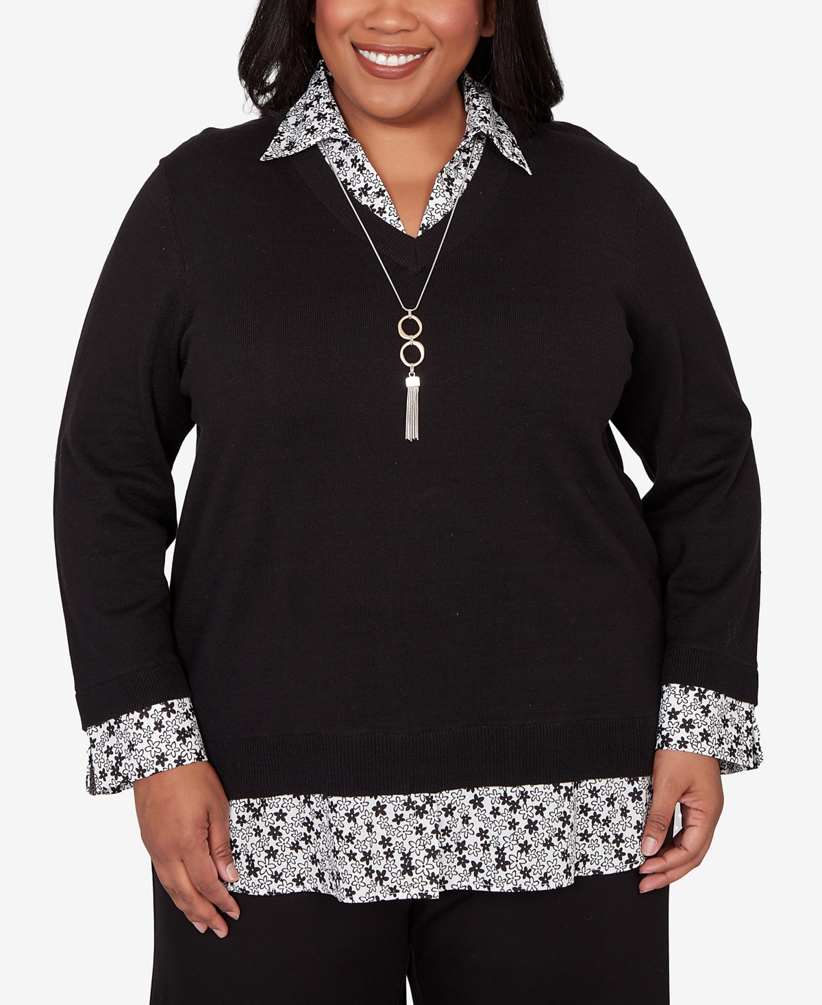 Alfred Dunner Plus Size Seville Print Woven Two In One Sweater With Necklace In Black