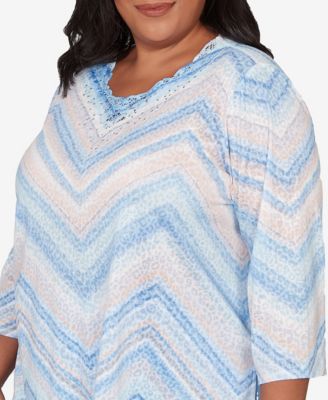 Plus Size St. Augustine Chevron Print Lace Trim Crew Neck Top