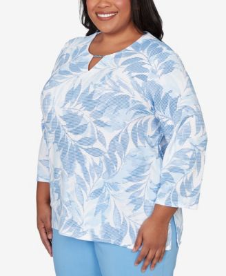 Plus Size St. Augustine Monotone Leaf Print Split Neck Top