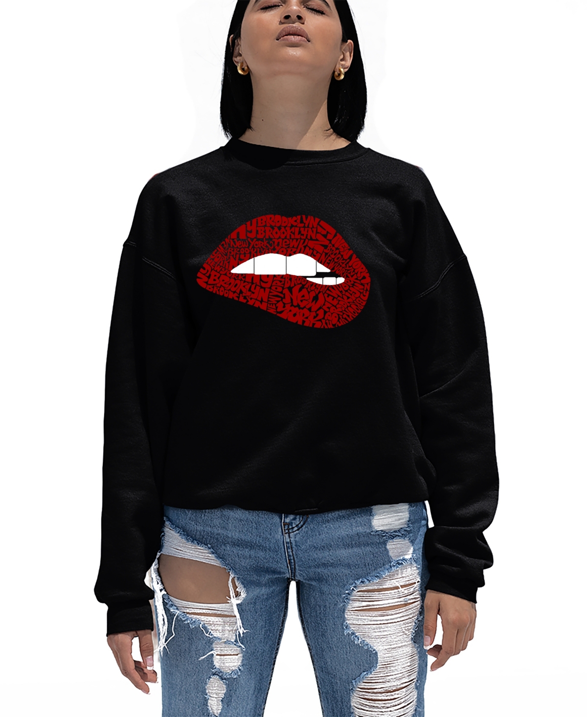 La Pop Art Women's Brooklyn Lips Word Art Crewneck Sweatshirt In Black