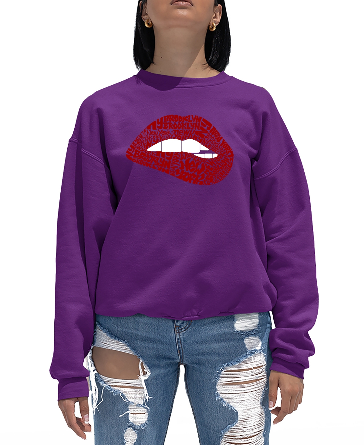 La Pop Art Women's Brooklyn Lips Word Art Crewneck Sweatshirt In Purple