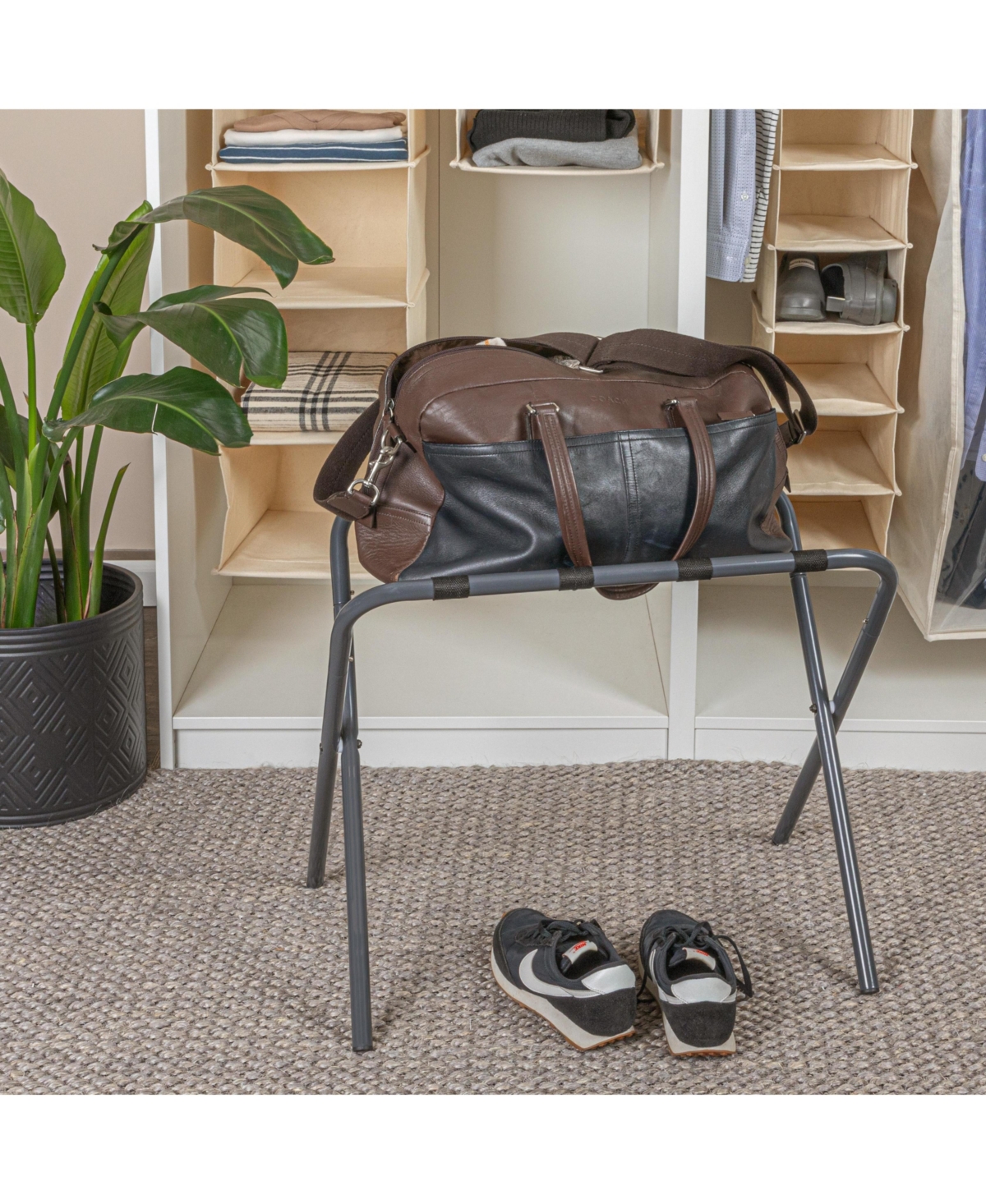 Household Essentials Luggage Rack, Grey Frame with Black Straps