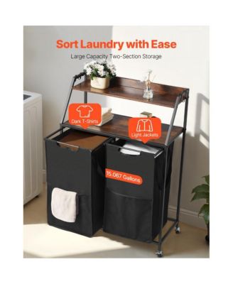 Rolling Laundry Hamper with 2 Tiers, 2 Bags, and Hooks