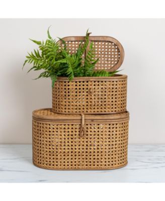 Modern Decorative Oval Woven Rattan Storage Boxes, Set of 2 Sizes, Dark Brown Finish