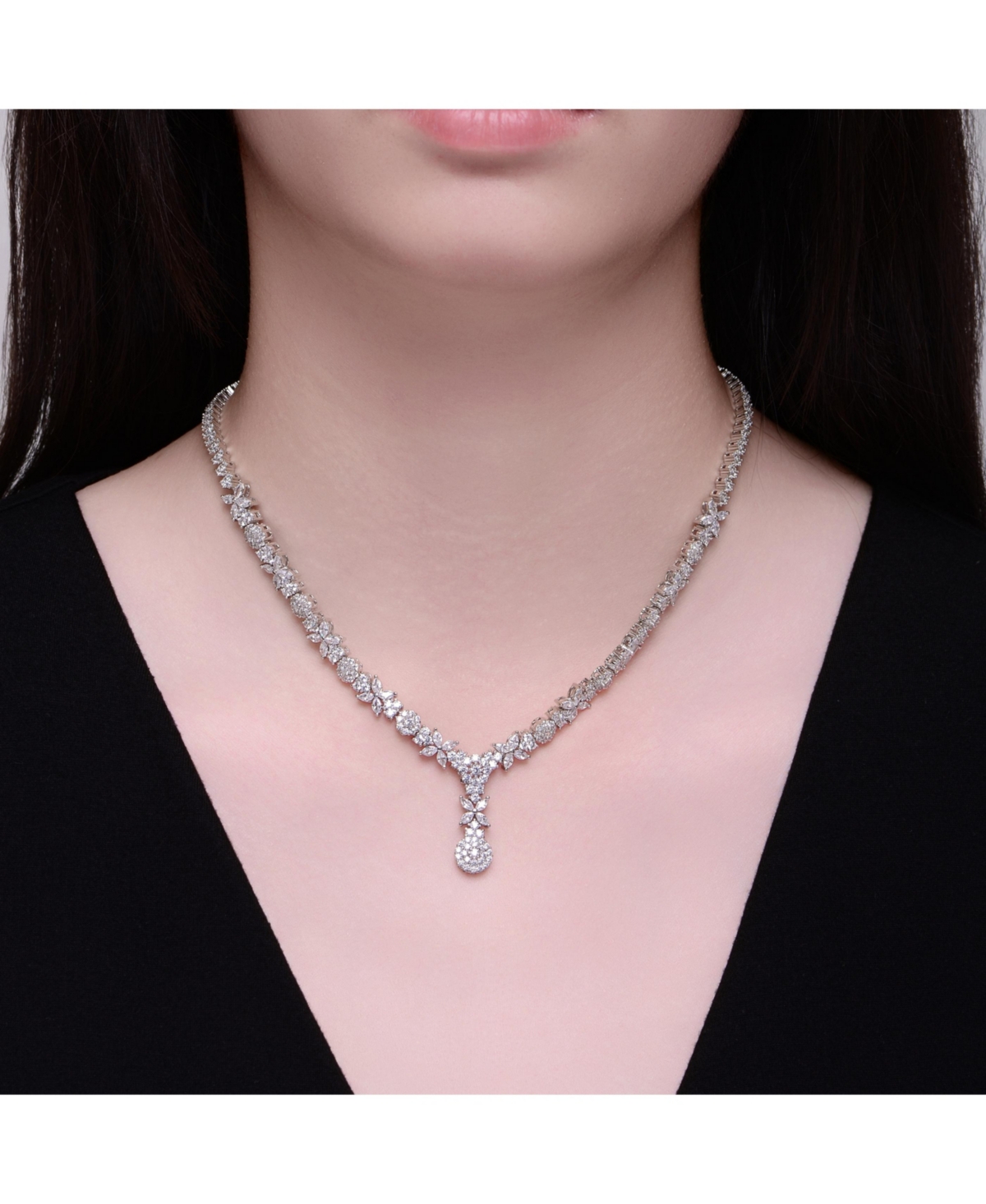Genevive Chic Sterling Silver White Gold Plated Cubic Zirconia Drop Necklace