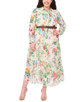 Plus Size Long-Sleeve Floral Print Belted Maxi Shirt Dress