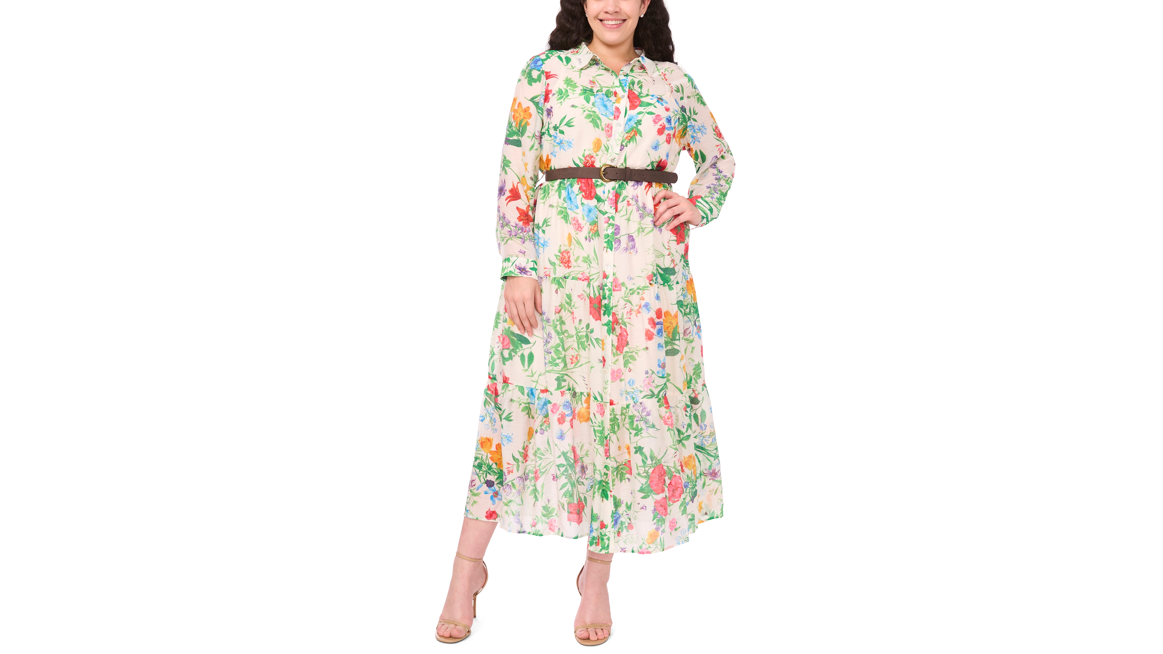 Msk Plus Long-Sleeve Floral Print Belted Maxi Shirtdress