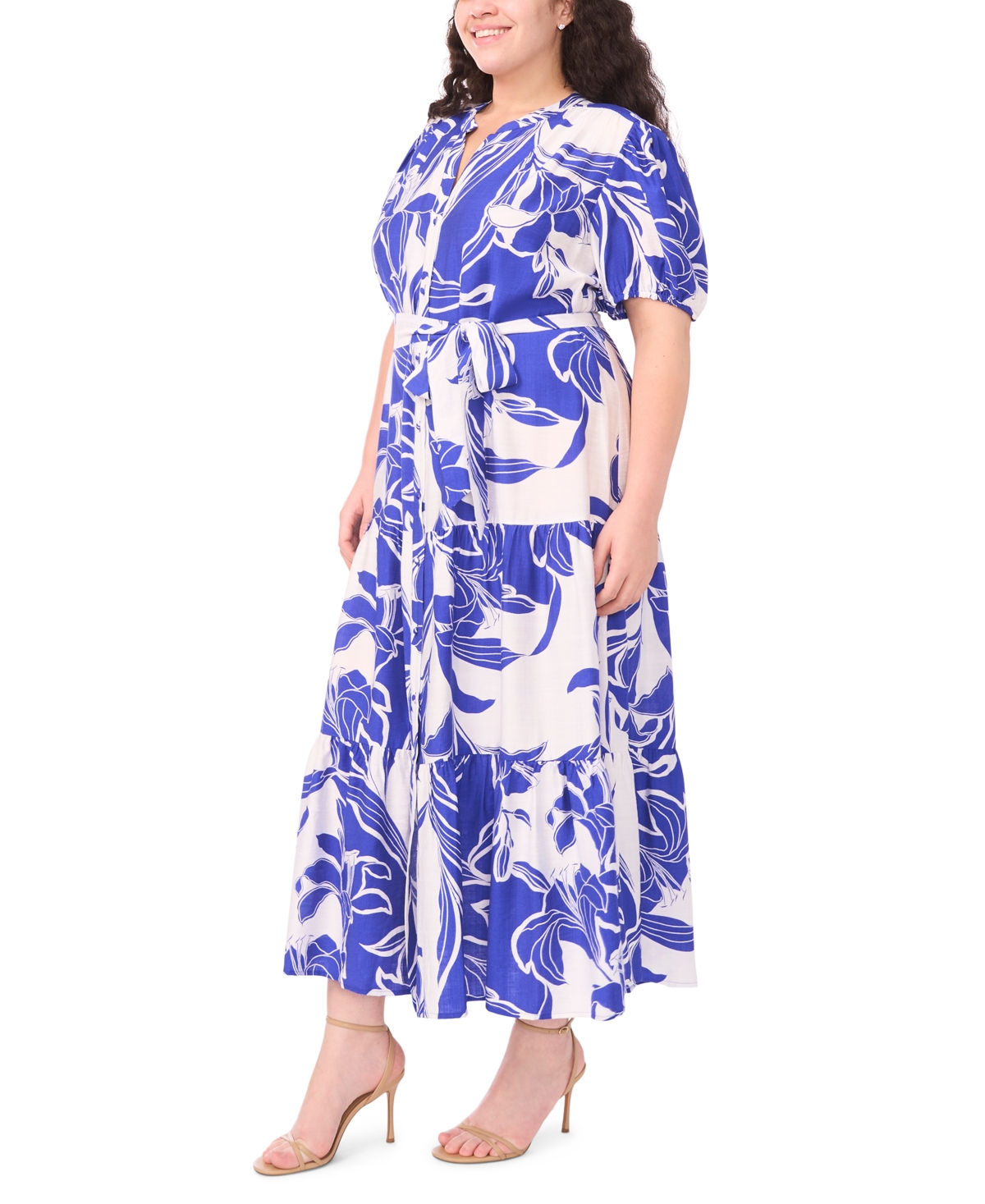 Msk Plus Short-Sleeve Printed Tiered Maxi Shirtdress