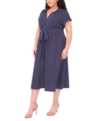 Plus Size Pull-On Printed Belted Midi Shirt Dress