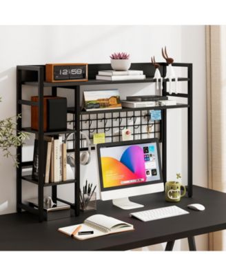 Desktop Organizer Rack with 4 Storage Tiers, Grid Wall Panel, and Hanging Hooks For Home Office or Study