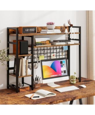 Desktop Organizer Rack with 4 Storage Tiers, Grid Wall Panel, and Hanging Hooks For Home Office or Study