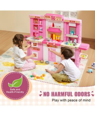 Kids Kitchen Playset, 3-in-1 Kitchen with Spray, Lights & Sounds, 74 PCS Cooking Accessories, Pretend Play Set for Kids