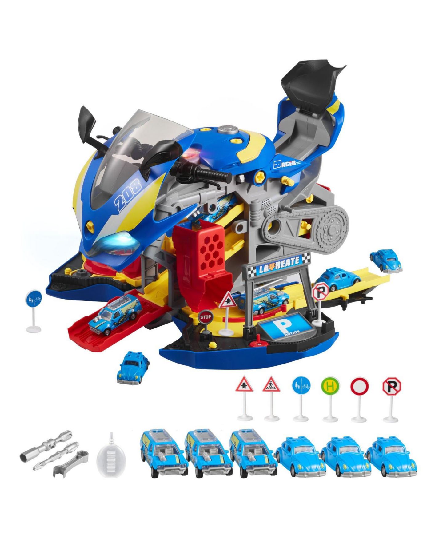 Детский игровой набор Mecale Motorcycle 6-in-1 Transforming Lights & Sounds Racing Track 25-Piece Playset, Ages 3+, цвет: Синий — фото 1
