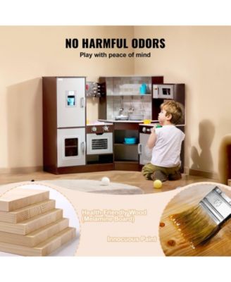 Corner Wooden Play Kitchen, Toy Set with Lights & Sounds, Ice Maker, Oven, Sink, Clock, Microwave, Fridge & Accessories