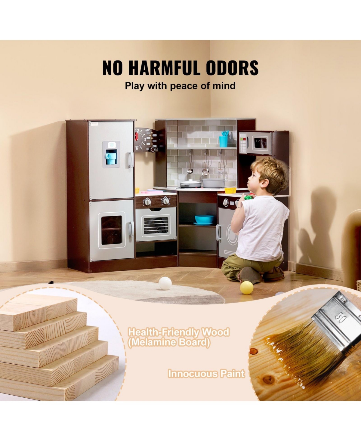 Mecale Corner Wooden Play Kitchen, Toy Set with Lights & Sounds, Ice Maker, Oven, Sink, Clock, Microwave, Fridge & Accessories