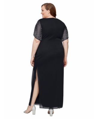 Plus Size Embellished-Sleeve Draped Chiffon Gown