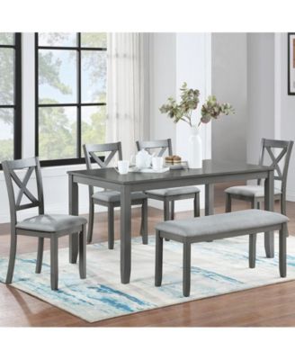 6-Piece Grey Kitchen Counter Set with Rectangular Wooden Dining Table 4 Padded Chairs and Bench