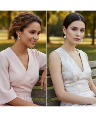 Set of 2 Pave Halo Dangle Teardrop Cubic Zirconia Pink & CleAR CZ Drop Earrings Rose Gold Plated