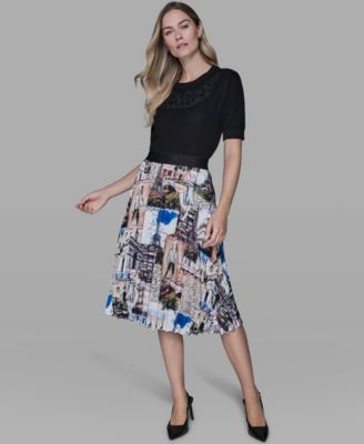 Women's City Scene Print Pull-On Pleated Skirt