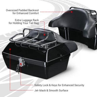 48L Universal Motorcycle Tail Box Top Case Luggage with Top Rack & Backrest for Harley Road King