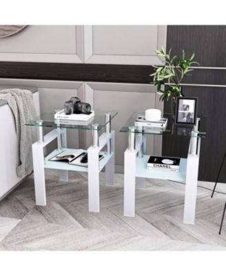 Set of 2 Modern Square Tempered Glass Coffee Tables with Solid Frame