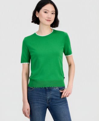 Nautica Women's Scallop-Trim Short Sleeve Crewneck Sweater