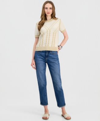 Women's Short-Sleeve Traveling Cable-Knit Sweater