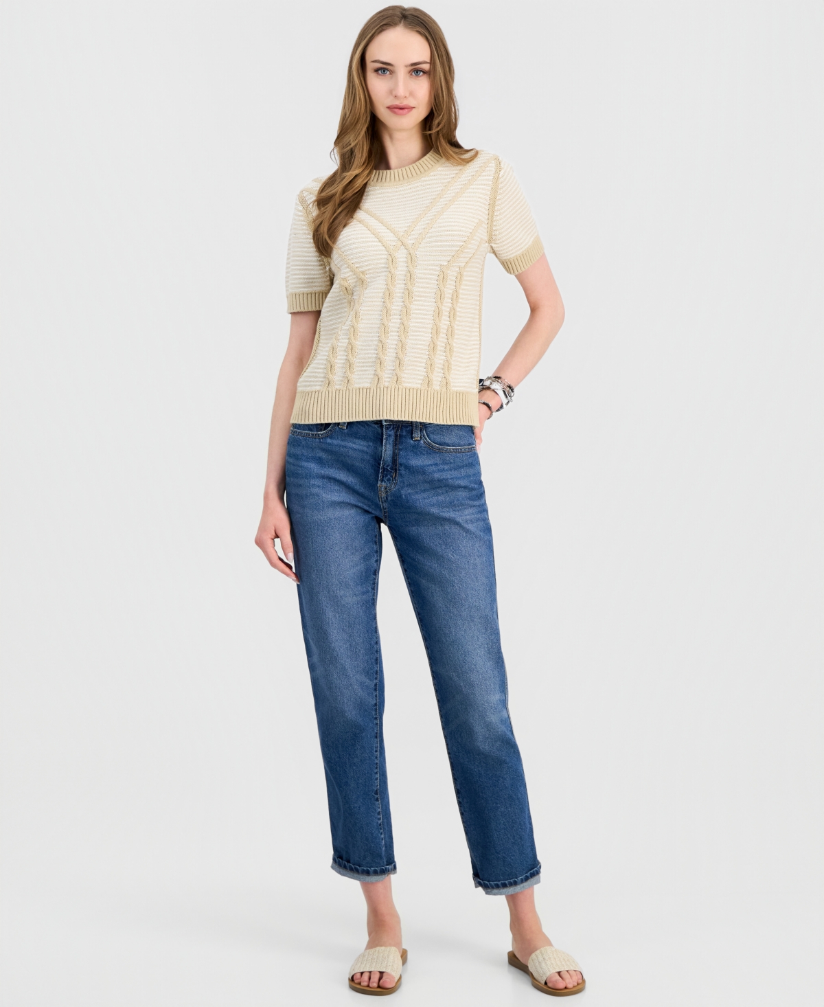 Nautica Jeans Women's Short-Sleeve Traveling Cable-Knit Sweater