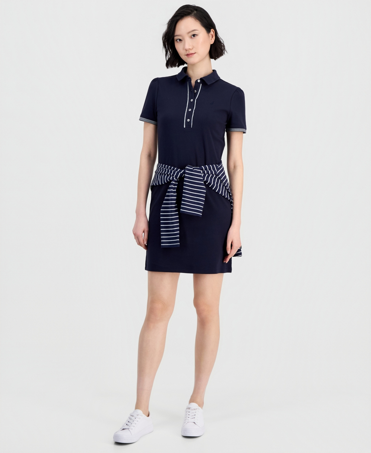Nautica Jeans Women's Cotton Solid Puff-Sleeve Polo Dress