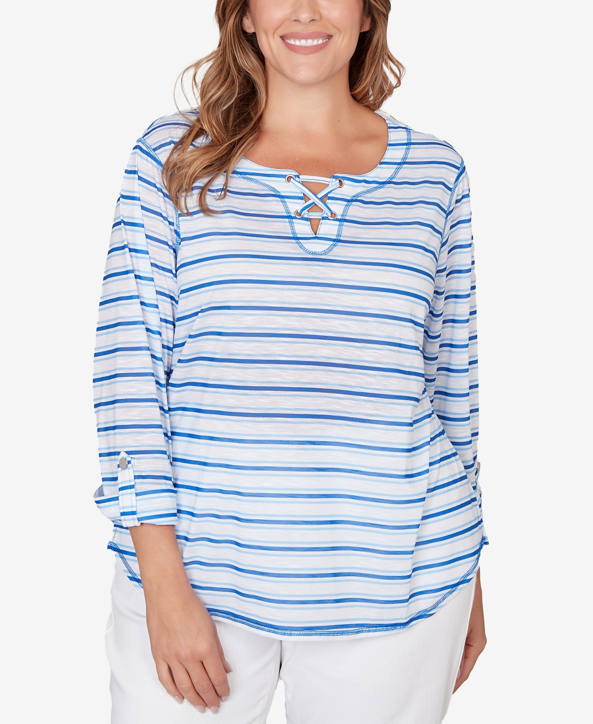 Hearts Of Palm Plus Printed 3/4 Sleeve Roll Tab Top