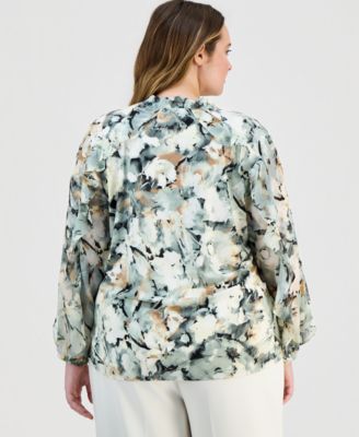 Plus Size Floral Ruffle-Sleeve Tie-Neck Blouse