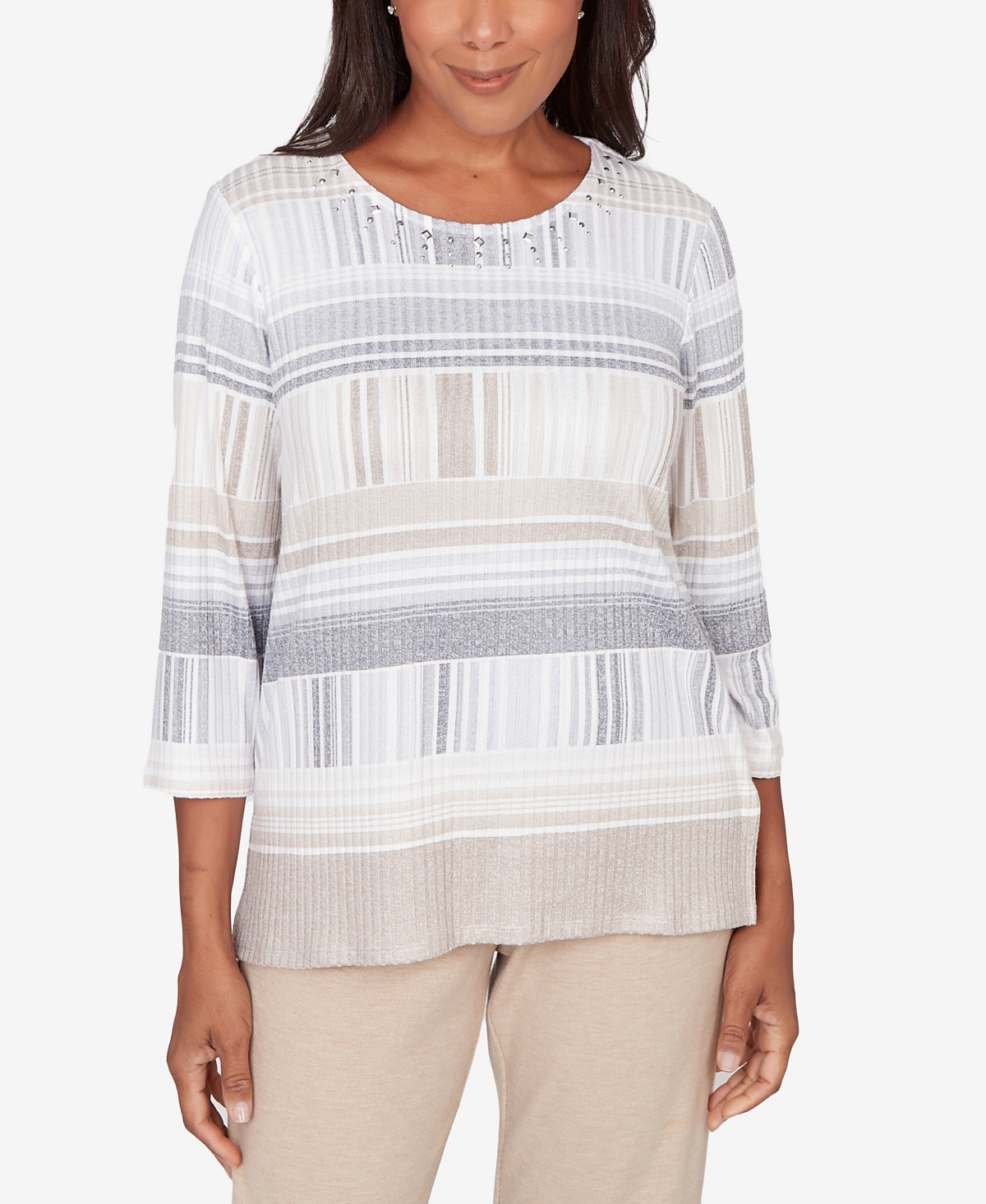 Alfred Dunner Women's Comfort & Joy Geometric Stripe Embellished Crew Neck Top In Gray