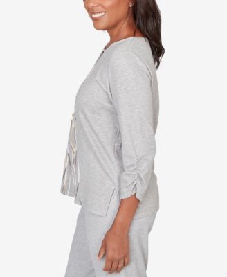 Women's Comfort & Joy Metallic Swirl Embroidered Split Neck Top