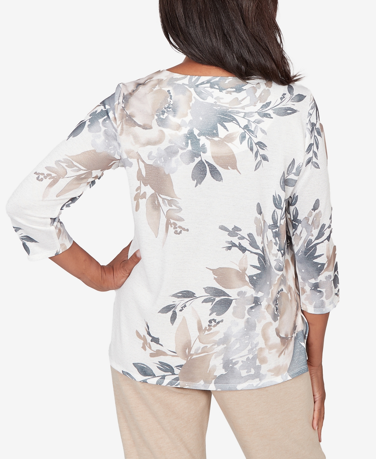 Alfred Dunner Women's Comfort & Joy Asymmetrical Floral Border Crew Neck Top In Gray