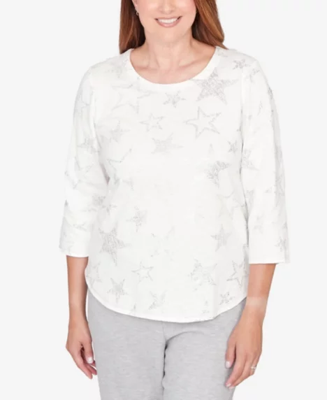 Petite Comfort & Joy Star Print Crew Neck Top - Ivory
