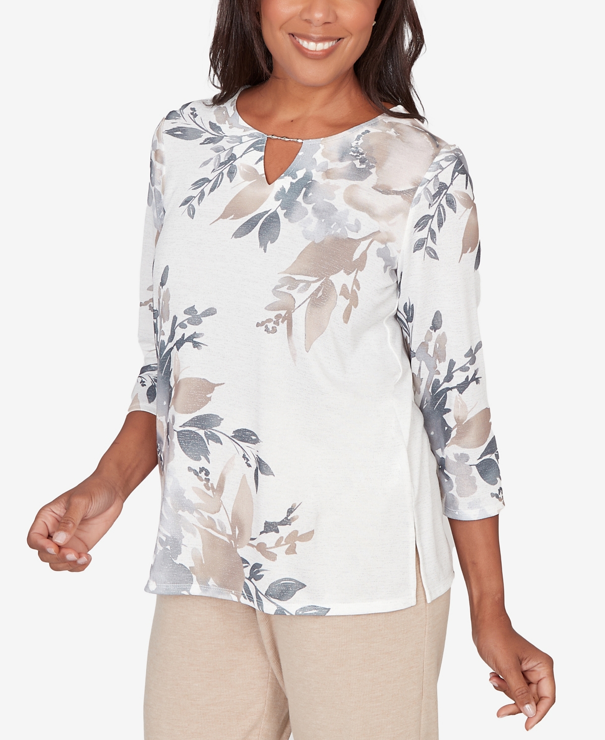 Alfred Dunner Petite Comfort & Joy Asymmetrical Floral Border Crew Neck Top In Black